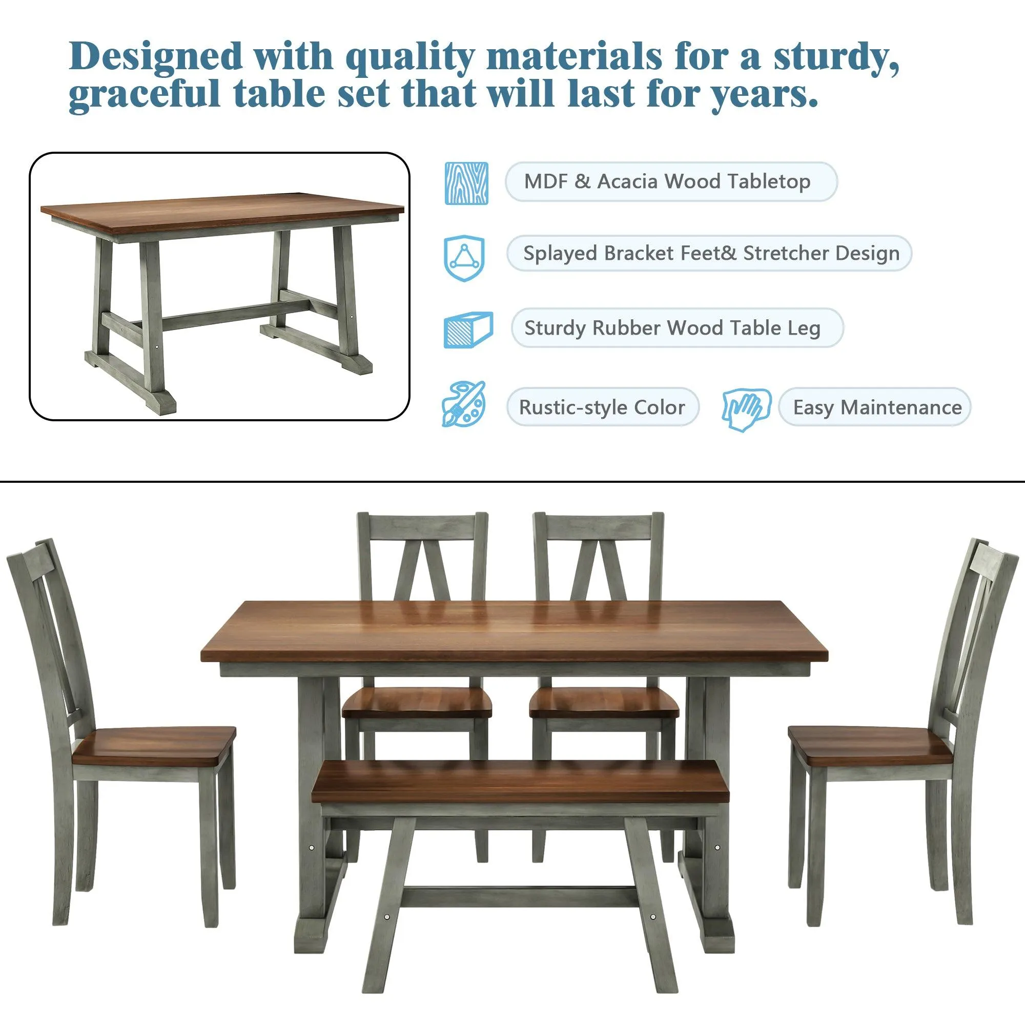 6-Piece Farmhouse Dining Set, Walnut & Gray, Table with Bench & 4 Chairs