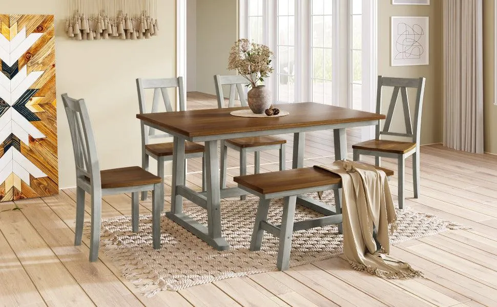 6-Piece Farmhouse Dining Set, Walnut & Gray, Table with Bench & 4 Chairs