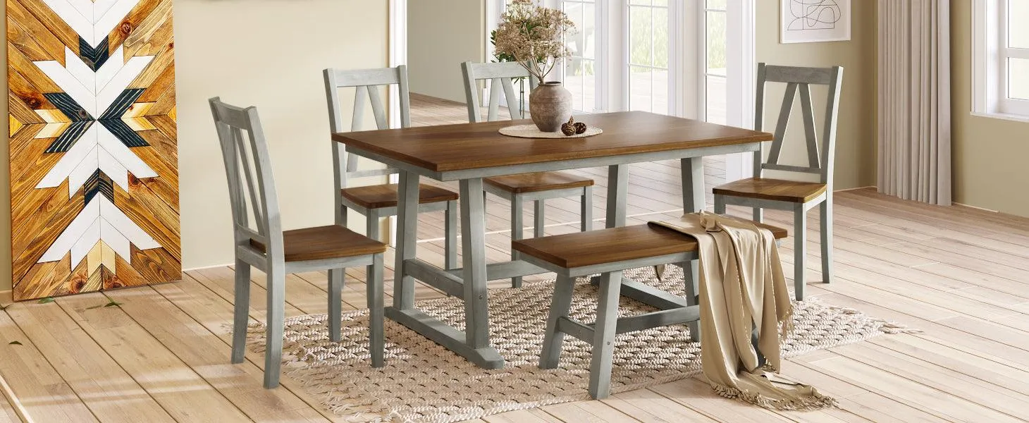 6-Piece Farmhouse Dining Set, Walnut & Gray, Table with Bench & 4 Chairs