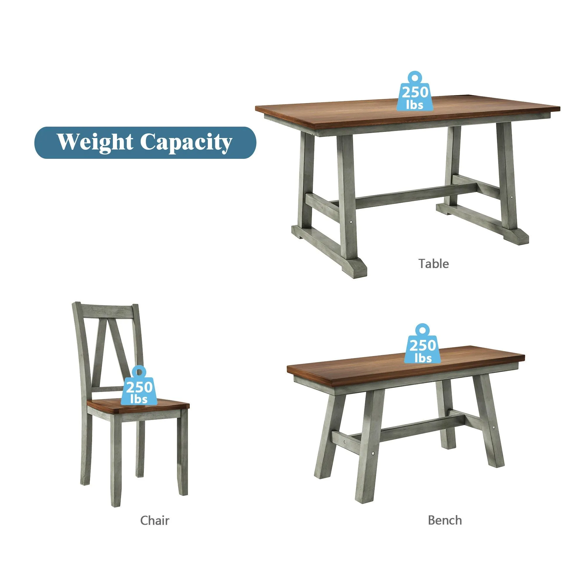 6-Piece Farmhouse Dining Set, Walnut & Gray, Table with Bench & 4 Chairs