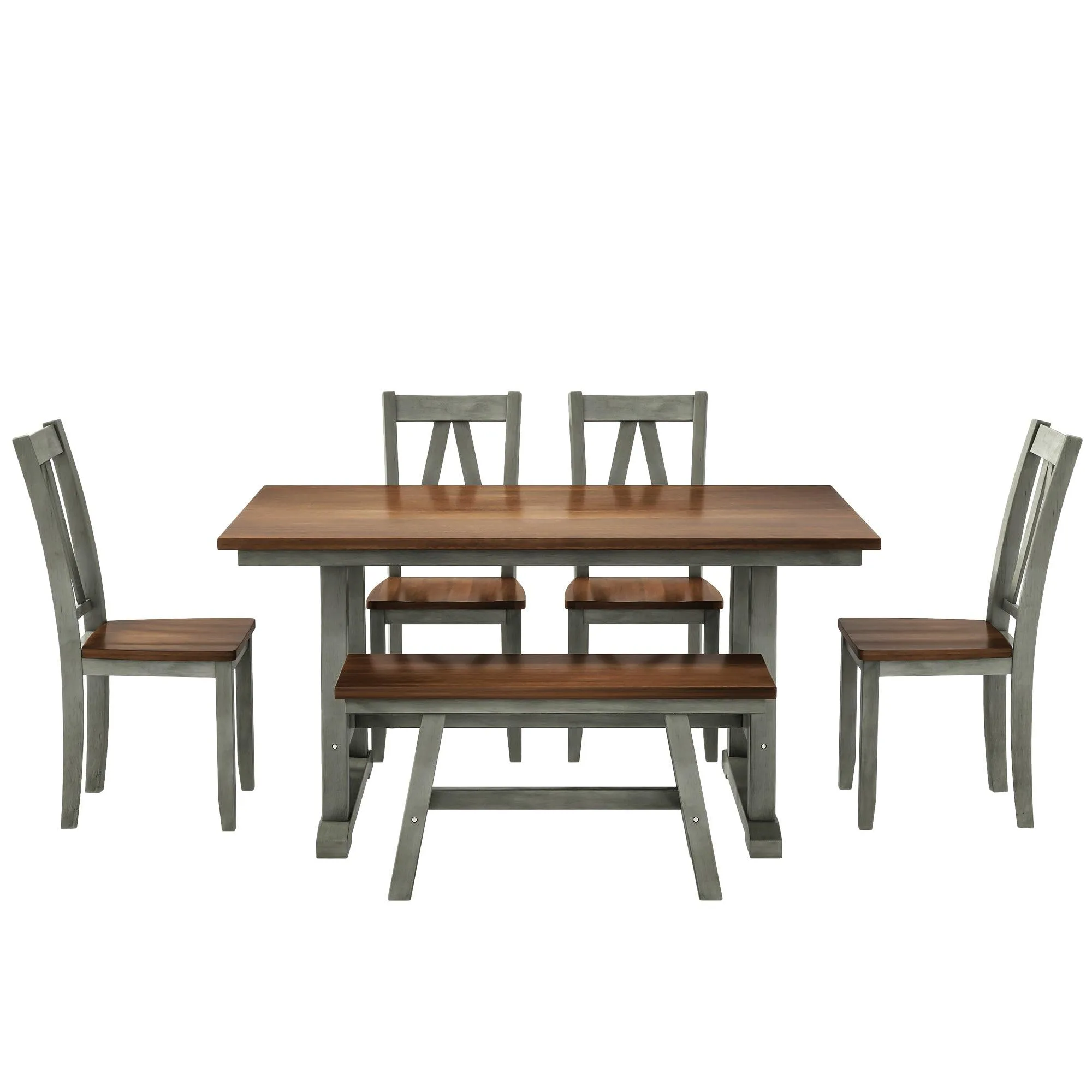 6-Piece Farmhouse Dining Set, Walnut & Gray, Table with Bench & 4 Chairs