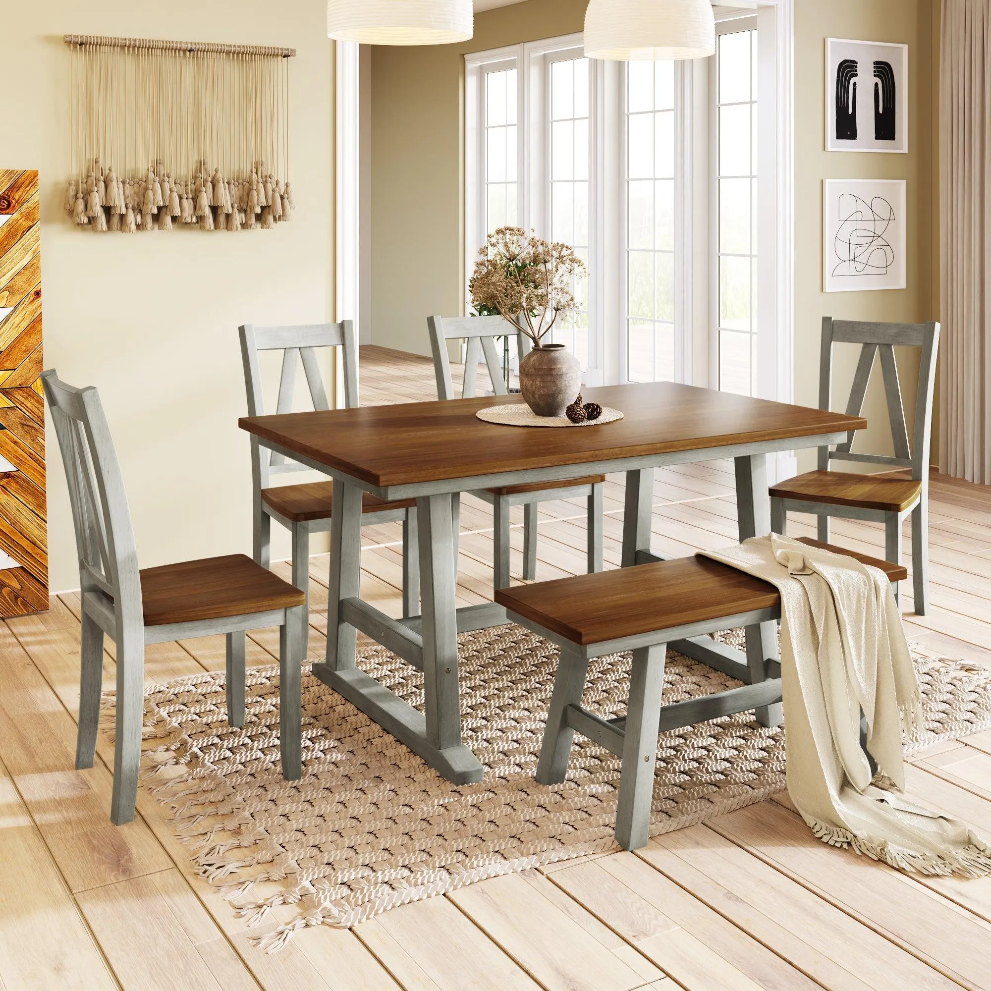 6-Piece Farmhouse Dining Set, Walnut & Gray, Table with Bench & 4 Chairs