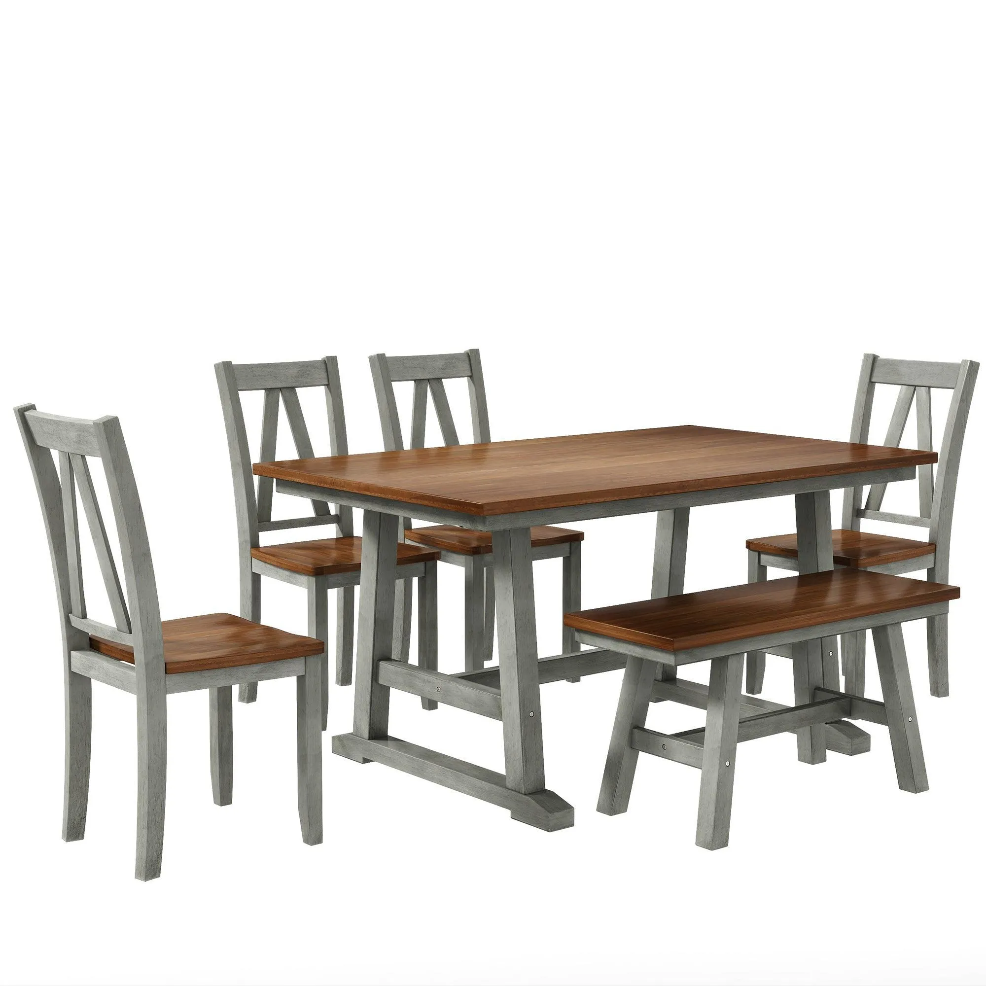 6-Piece Farmhouse Dining Set, Walnut & Gray, Table with Bench & 4 Chairs