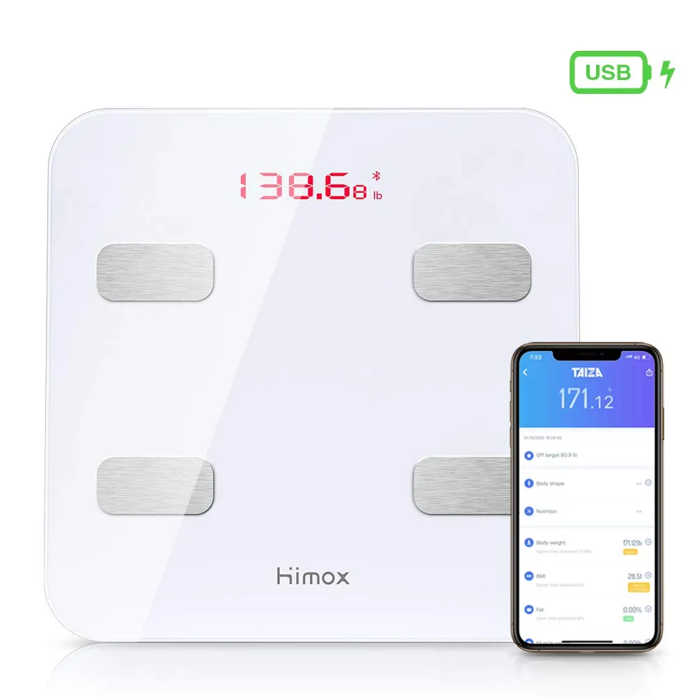 HIMOX Body Fat Scale, Highly Accurate Smart Bluetooth Digital Bathroom Body Composition Analyzer with 23 Body Composition Measuring Functions, 180 KG, USB Rechargeble, 6mm-Thick Glass