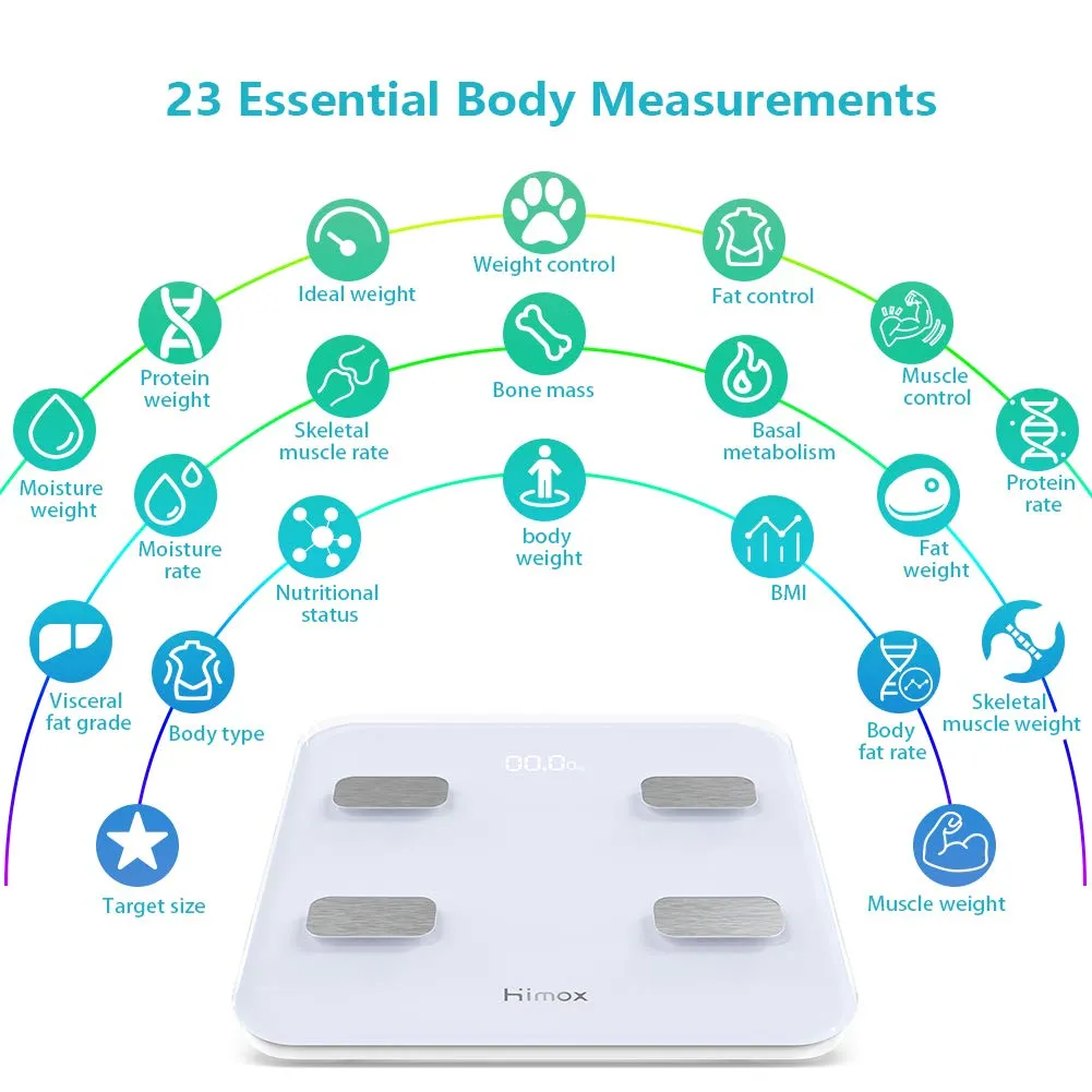 HIMOX Body Fat Scale, Highly Accurate Smart Bluetooth Digital Bathroom Body Composition Analyzer with 23 Body Composition Measuring Functions, 180 KG, USB Rechargeble, 6mm-Thick Glass