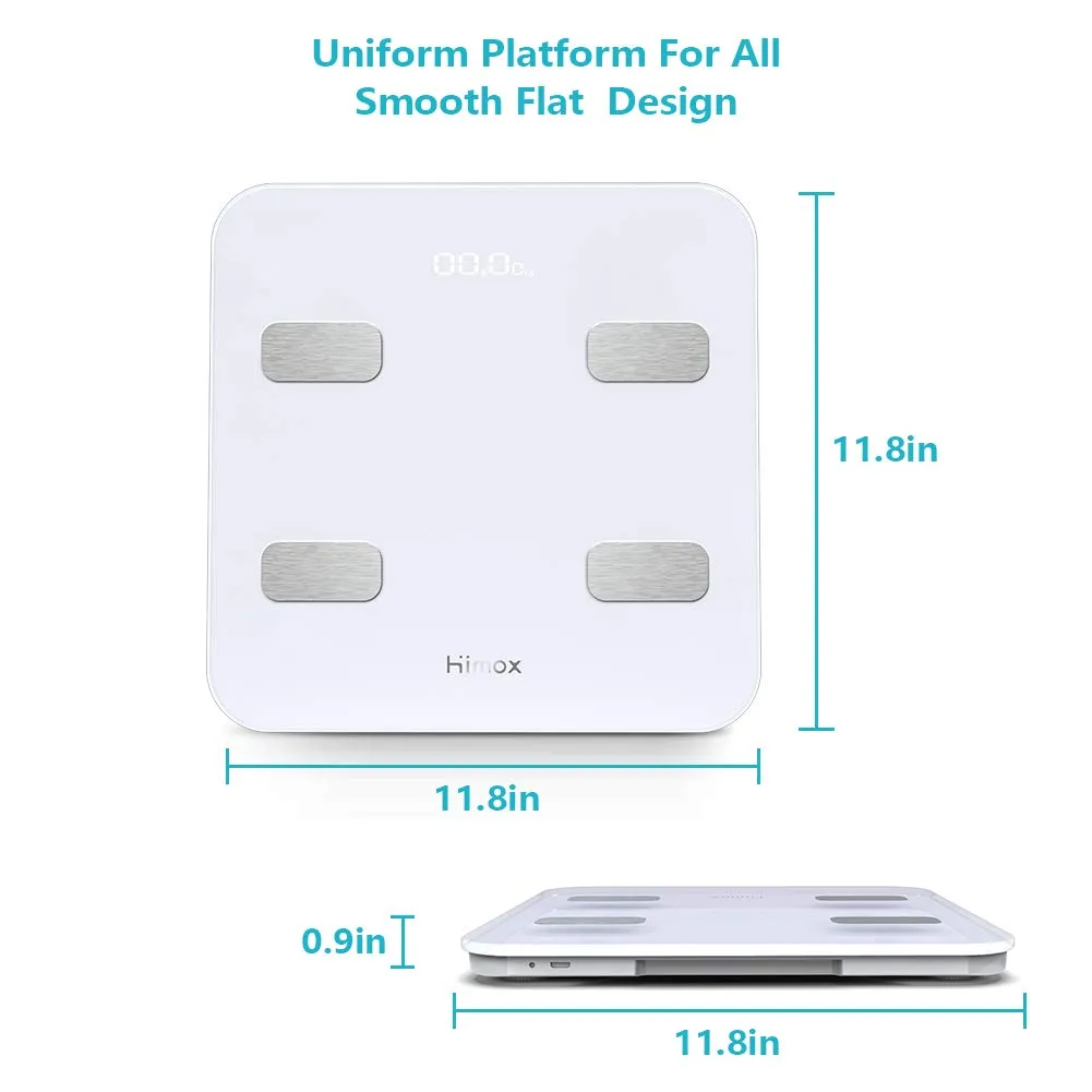 HIMOX Body Fat Scale, Highly Accurate Smart Bluetooth Digital Bathroom Body Composition Analyzer with 23 Body Composition Measuring Functions, 180 KG, USB Rechargeble, 6mm-Thick Glass