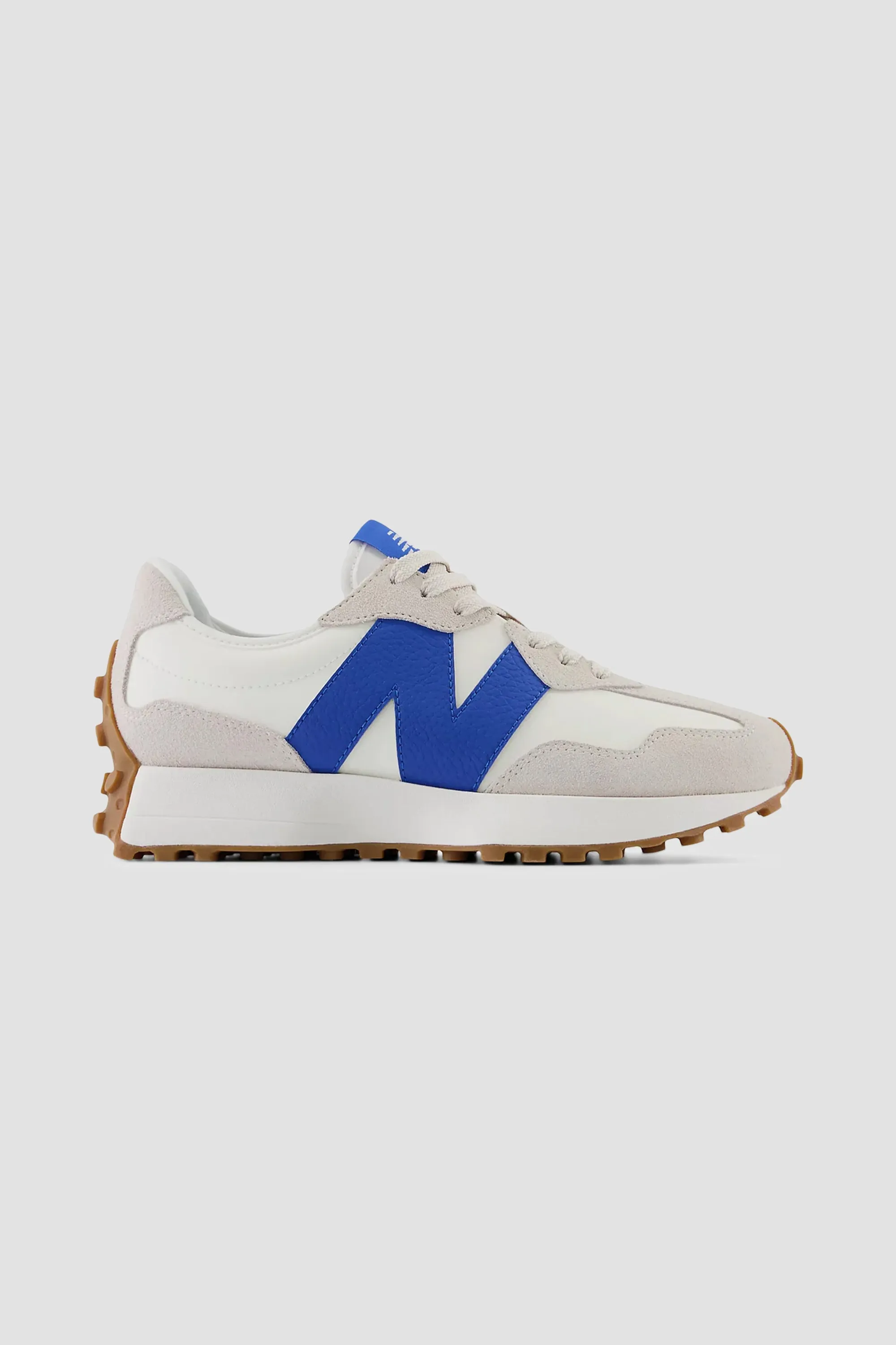 New Balance Women's 327 Sneaker in Moonbeam with Blue Oasis