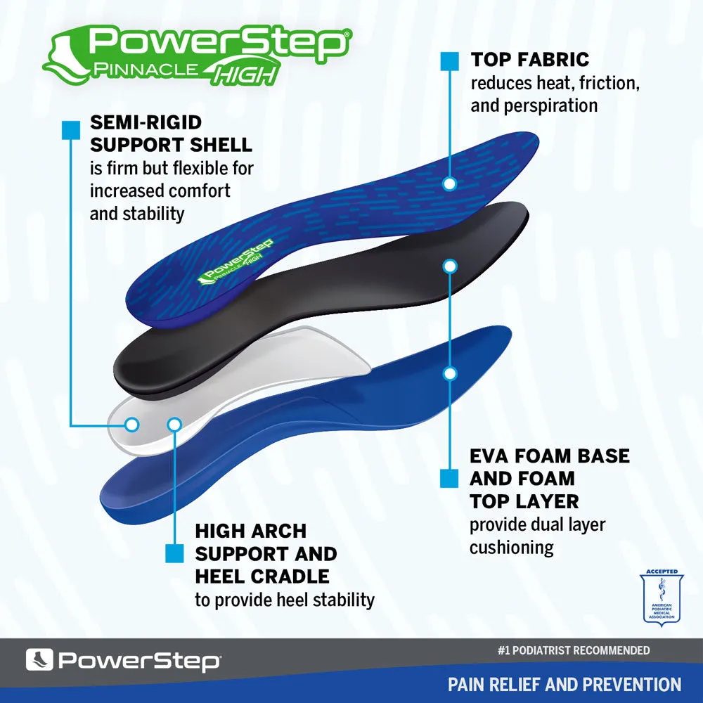 PowerStep Pinnacle High Insoles | High Arch Pain Relief Orthotic, Supination Inserts