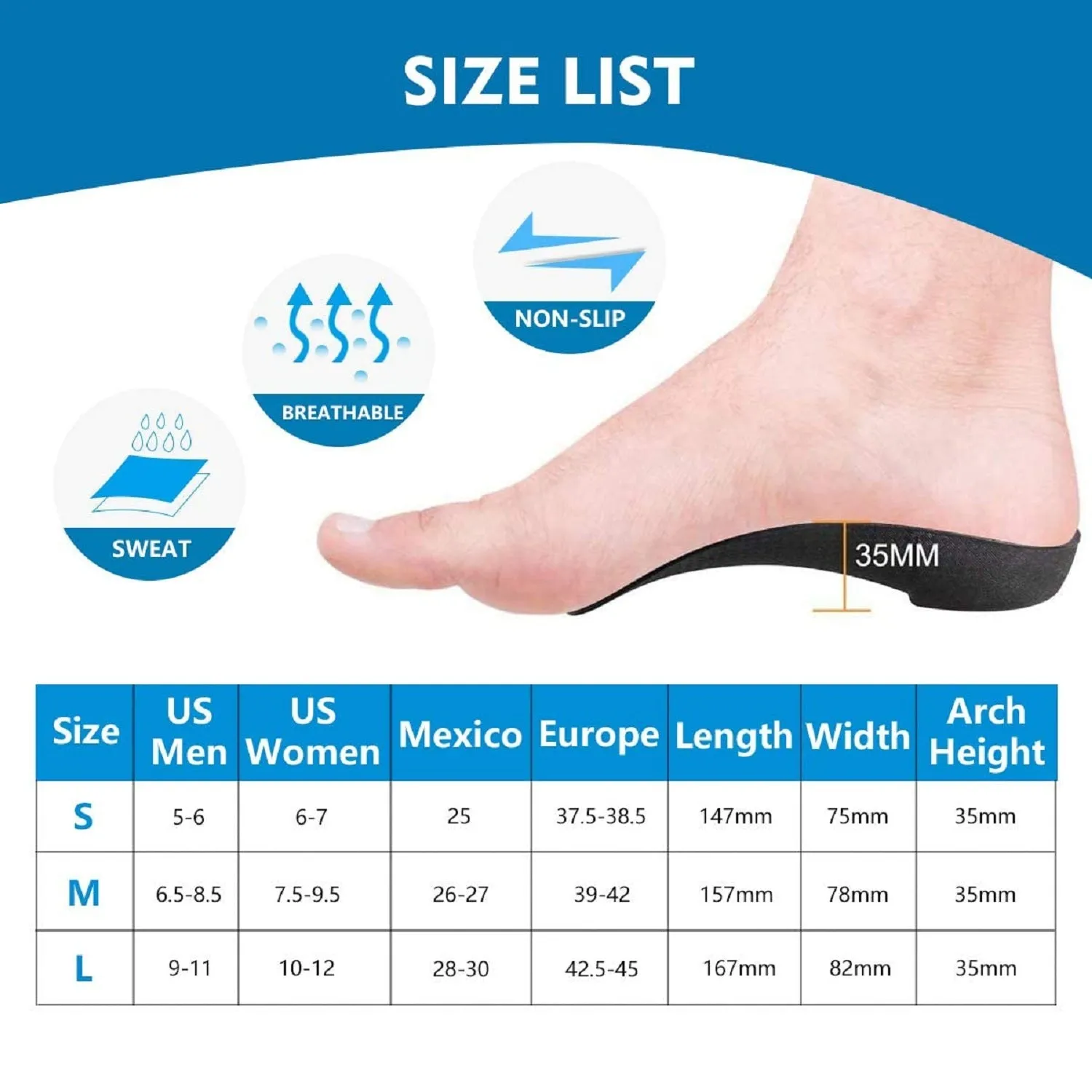 QBK Plantar Fasciitis Insoles for Women and Men | QBK 3/4 High Arch Support Shoe Inserts for Orthotic Flat Feet Heel | Pain Relief and Running Sports