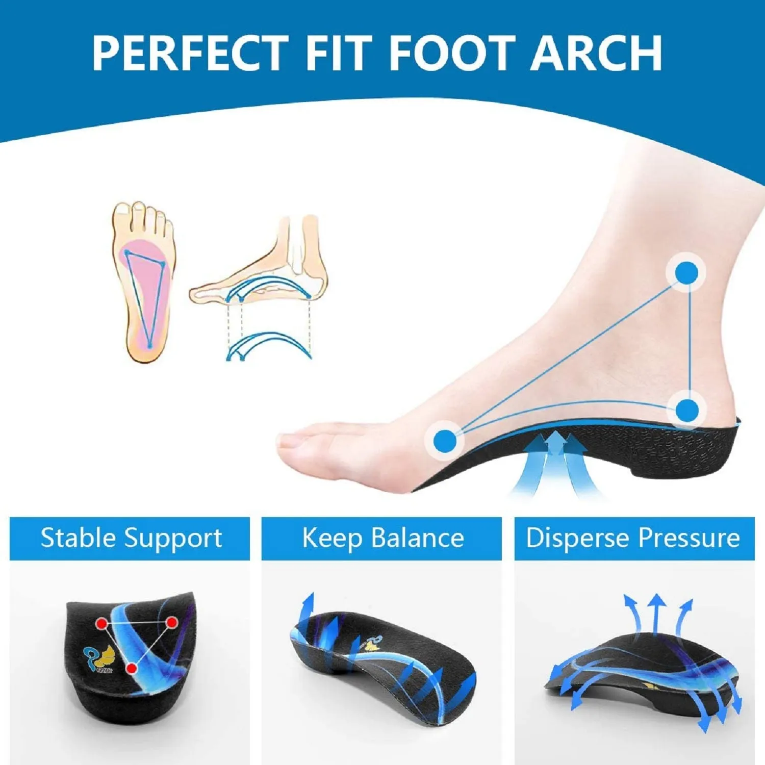 QBK Plantar Fasciitis Insoles for Women and Men | QBK 3/4 High Arch Support Shoe Inserts for Orthotic Flat Feet Heel | Pain Relief and Running Sports