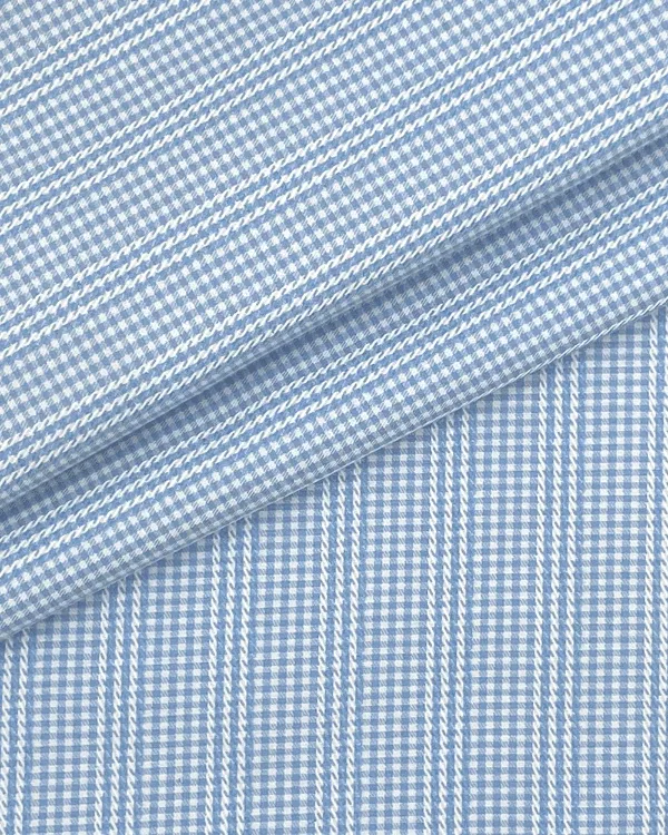 Refined Blue White Gingham Check Fabric with Cable Stripes | Cotton Dobby Deadstock