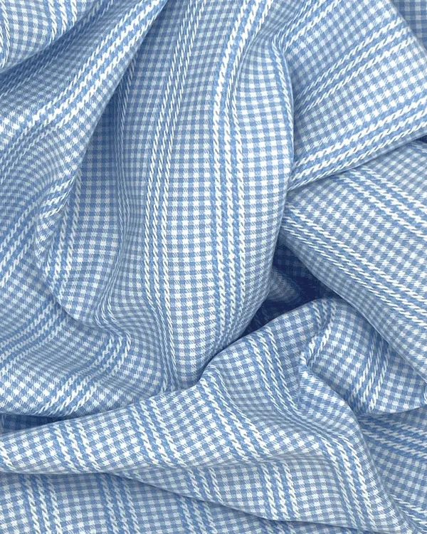 Refined Blue White Gingham Check Fabric with Cable Stripes | Cotton Dobby Deadstock